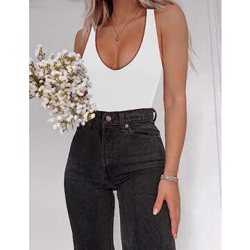 SAUNGKUAI Women’s Bodysuit Sexy Plunge Deep V Neck Backless Sleeveless Tank Thong Body Suits Outfi...