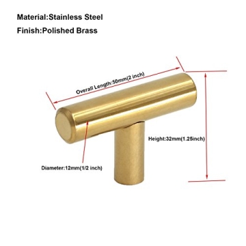 homdiy Gold Cabinet Knobs 15 Pack Cabinet Hardware Knobs Polished Brass - HD201PB Single Hole T Knob with 2in Overall Length Drawer Pulls and Knobs Gold