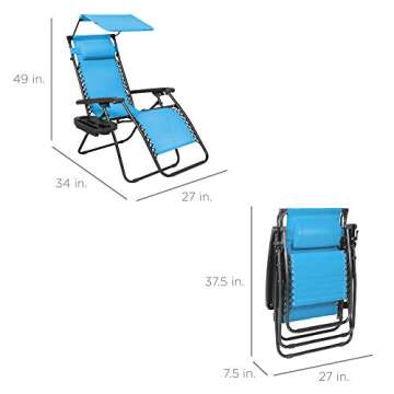 Best Choice Products Folding Zero Gravity Outdoor Recliner Patio Lounge Chair w/Adjustable Canopy Shade, Headrest, Side Accessory Tray, Textilene Mesh - Light Blue