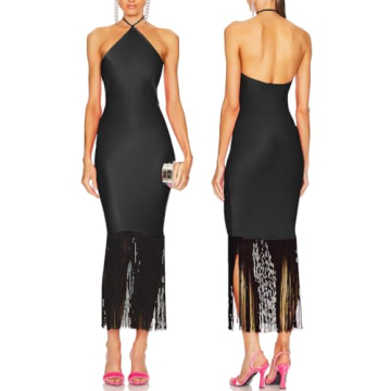 JLCNCUE Women Halter Neck Bodycon Midi Dress Fringe Hem Party Dress Sleeveless Open Back Tassels Eve...