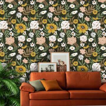 Cismmy Large Floral Peel and Stick Wallpaper Boho Removable Wallpaper for Bedroom Bathroom Easy Peel...