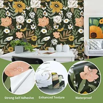 Cismmy Large Floral Peel and Stick Wallpaper Boho Removable Wallpaper for Bedroom Bathroom Easy Peel Off Wallpaper Stick on Wallpaper Vintage Renter Friendly Wall Paper 17.7" x 394"