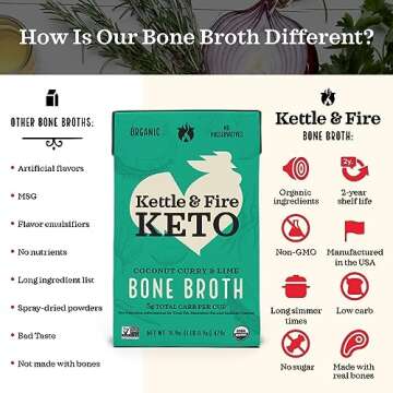 Kettle and Fire Coconut Curry & Lime Chicken Bone Broth, Keto, Paleo, and Whole 30 Approved, Gluten Free, High in Protein and Collagen, 6 Pack