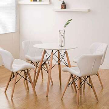 Round Dining Table, White Kitchen Table, Pedestal Coffee Table, Modern Leisure Table with Wooden Leg...