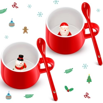 Uiifan 2 Sets 3D Christmas Coffee Mugs with Ceramic Spoon Santa Snowman Cups 13.5 oz Cute Hot Cocoa ...