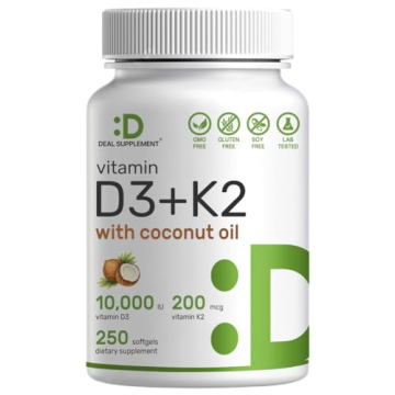 DEAL SUPPLEMENT Vitamin D3 10,000 IU + K2 MK7 200 mcg, Infused with Virgin Coconut Oil, 250 Softgels...