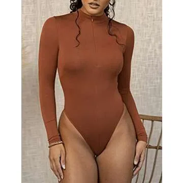 Decimalpt Women Front Zip Up Bodysuit Long Sleeve Bodycon Turtleneck Top in Brown