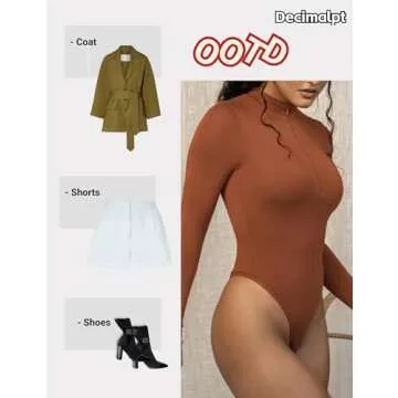 Decimalpt Women Zip Up Bodysuit Long Sleeve Brown