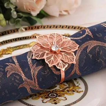 Hotop 12 Pcs Hollow Out Flower Napkin Rings Fall Napkin Ring Holder Metal Serviette Buckles Set for Dinner Thanksgiving Christmas Wedding Banquet Table Plates Decoration