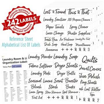 Hebayy 242 Laundry Room & Linens Closet Organization Labels, Waterproof Tear-Resistant No Residue Decals Cursive Stickers for Home Office Craft Room