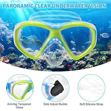 Kids Snorkel Set Dry Top Snorkeling Gear for Kids Youth Boys Girls Junior Age 5-15,Tempered Glass Swimming Diving Mask and Snorkel Set 180 Degree Panoramic View (Blue)