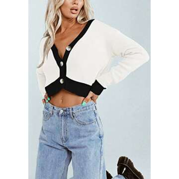 Shawhuwa Cardigan Sweaters for Women V-Neck Button Front Long Sleeve Cozy Cropped Cardigan White S