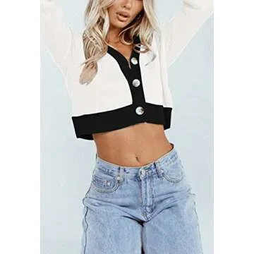 Shawhuwa Cardigan Sweaters for Women V-Neck Button Front Long Sleeve Cozy Cropped Cardigan White S