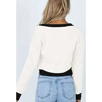 Shawhuwa Cardigan Sweaters for Women V-Neck Button Front Long Sleeve Cozy Cropped Cardigan White S