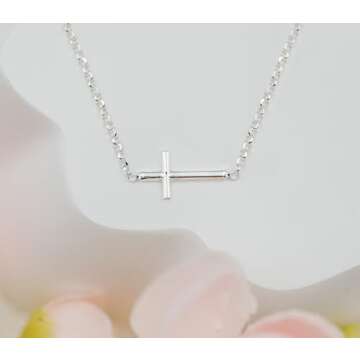 Cherished Moments Religious Sterling Silver Sideways Horizontal Cross Necklace with a Dainty Chain for Women and Girls Adjustable, 16-18 inch
