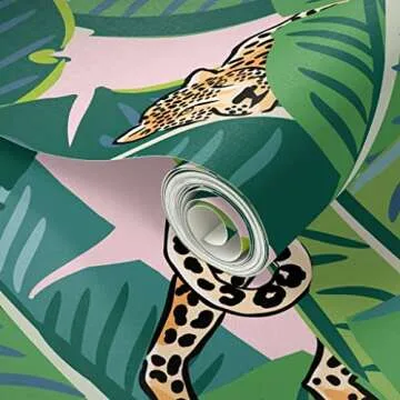 Peel & Stick Wallpaper 3ft x 2ft - Cheetah Tropical Leaves Pink Tiger Safari Floral Lion Jungle Jagu...