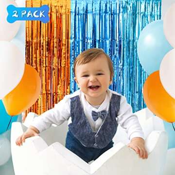 LOLStar Blue Dog Party Decorations - 2 Packs of 3.3x6.6 ft Orange and Light Blue Foil Fringe Curtain...