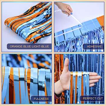 LOLStar Blue Dog Party Decorations - 2 Packs of 3.3x6.6 ft Orange and Light Blue Foil Fringe Curtains for Birthday Party Supplies, Blue Foil Tinsel Photo Booth Prop Backdrop