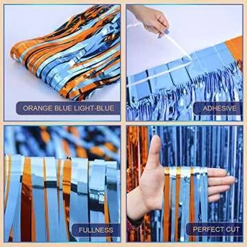 LOLStar Blue Dog Party Decorations - 2 Packs of 3.3x6.6 ft Orange and Light Blue Foil Fringe Curtains for Birthday Party Supplies, Blue Foil Tinsel Photo Booth Prop Backdrop
