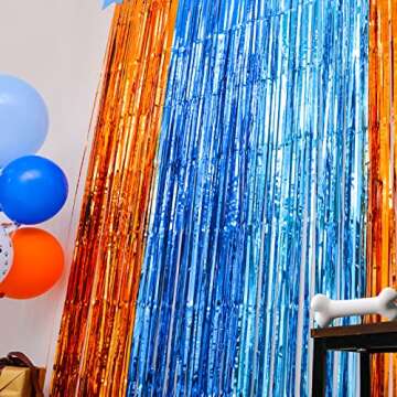 LOLStar Blue Dog Party Decorations - 2 Packs of 3.3x6.6 ft Orange and Light Blue Foil Fringe Curtains for Birthday Party Supplies, Blue Foil Tinsel Photo Booth Prop Backdrop