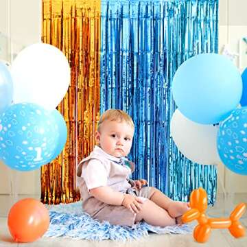 LOLStar Blue Dog Party Decorations - 2 Packs of 3.3x6.6 ft Orange and Light Blue Foil Fringe Curtains for Birthday Party Supplies, Blue Foil Tinsel Photo Booth Prop Backdrop