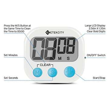 Etekcity Digital Kitchen Timer, Big Digits Loud Alarm Magnetic Backing Stand with Large LCD Display ...