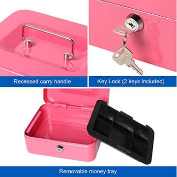 Small Cash Box with Money Tray and Lock, Lovndi Metal Money Box for Cash, Lockbox 7.87x 6.30x 3.54 I...