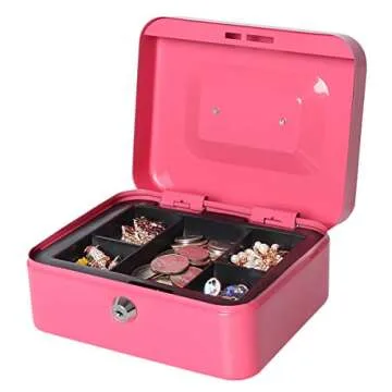 Small Cash Box with Money Tray and Lock, Lovndi Metal Money Box for Cash, Lockbox 7.87x 6.30x 3.54 Inches, Pink