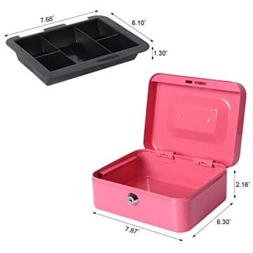 Small Cash Box with Money Tray and Lock, Lovndi Metal Money Box for Cash, Lockbox 7.87x 6.30x 3.54 Inches, Pink