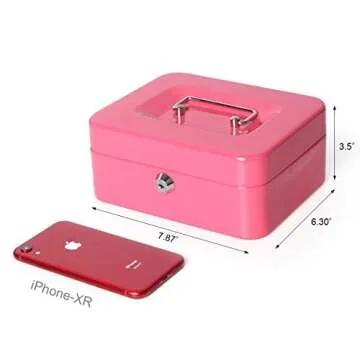 Small Cash Box with Money Tray and Lock, Lovndi Metal Money Box for Cash, Lockbox 7.87x 6.30x 3.54 Inches, Pink