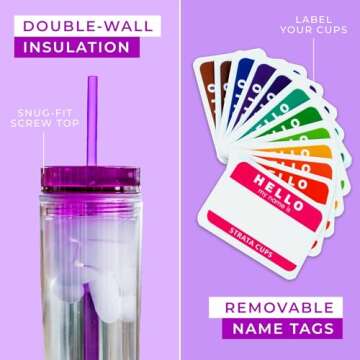 STRATA CUPS 24 Colored Skinny Clear Tumbler with Lids and Straws | 16oz Double Wall Clear Acrylic Tumblers Bulk With FREE Straw Cleaner & Name Tags! Reusable Cup With Clear Straw Tumbler