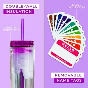 STRATA CUPS 24 Colored Skinny Clear Tumbler with Lids and Straws | 16oz Double Wall Clear Acrylic Tumblers Bulk With FREE Straw Cleaner & Name Tags! Reusable Cup With Clear Straw Tumbler