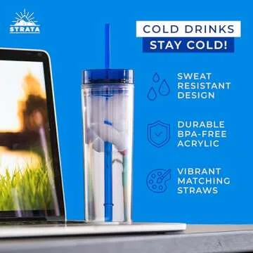 STRATA CUPS 24 Colored Skinny Clear Tumbler with Lids and Straws | 16oz Double Wall Clear Acrylic Tumblers Bulk With FREE Straw Cleaner & Name Tags! Reusable Cup With Clear Straw Tumbler