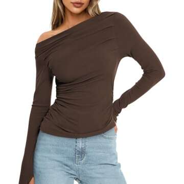 TARSE Womens Off Shoulder Long Sleeve Shirts Slim Fitted Asymmetrical Going Out Ruched Tops Knit Tig...