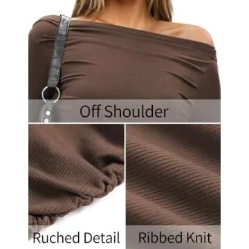 TARSE Womens Off Shoulder Long Sleeve Shirts Slim Fitted Asymmetrical Going Out Ruched Tops Knit Tight Blouses Sexy Stretchy Boat Neck Party Tee Shirts Outfits Trendy Darkbrown S