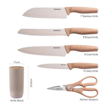 GOODA Kitchen Knife Set With Block,6-Piece Professional Chef Cooking Knives Set For Kitchen,Non-Stick Stainless Steel Knife Block Set (Khaki)