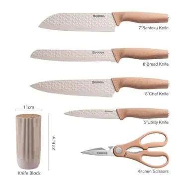 GOODA Kitchen Knife Set With Block,6-Piece Professional Chef Cooking Knives Set For Kitchen,Non-Stick Stainless Steel Knife Block Set (Khaki)