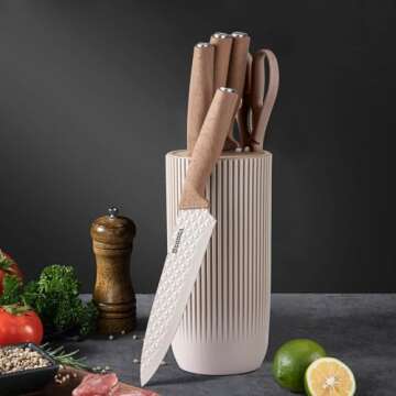 GOODA Kitchen Knife Set With Block,6-Piece Professional Chef Cooking Knives Set For Kitchen,Non-Stick Stainless Steel Knife Block Set (Khaki)