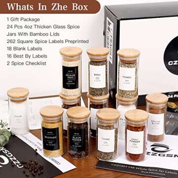 CZZGSM 24 Pcs Glass Jars With 296 Spice Labels Preprinted of White and Black Color- 4oz Thicken(2.4m...