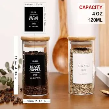 CZZGSM 24 Pcs Glass Jars With 296 Spice Labels Preprinted of White and Black Color- 4oz Thicken(2.4mm) Empty Small Herb Seasoning Containers With Bamboo Airtight Lids