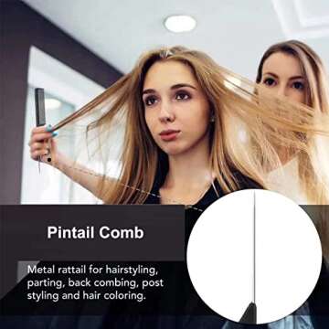 1 Pack Professional Carbon Steel Tail Combs Heat Resistant with Metal Pick, Anti Static Black Styling Tail Hair Comb Fine Teeth, Metal Pintail Teasing Comb Brush