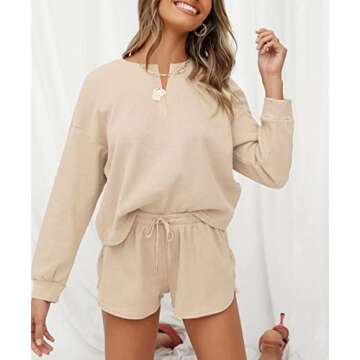 Lingswallow Women Waffle Lounge Sets - Long Sleeve and Shorts Pajama Set Two Piece Outfits for Women Sweatsuits loungewear