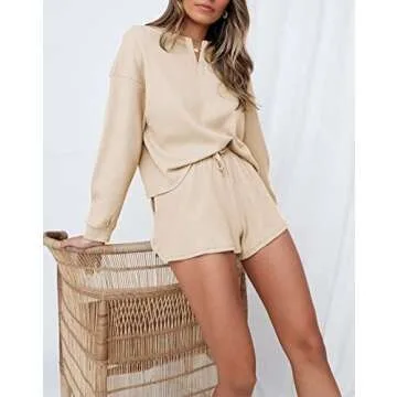 Lingswallow Women Waffle Lounge Sets - Long Sleeve and Shorts Pajama Set Two Piece Outfits for Women Sweatsuits loungewear