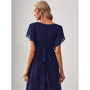 Ever-Pretty Women's Bridesmaid Dress V-Neck Ruffle Sleeves Ruched Bust Floor Length Chiffon Formal Dresses Navy Blue US4
