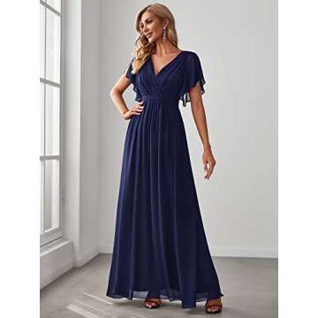 Ever-Pretty Women's Bridesmaid Dress V-Neck Ruffle Sleeves Ruched Bust Floor Length Chiffon Formal Dresses Navy Blue US4