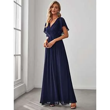 Ever-Pretty Women's Bridesmaid Dress V-Neck Ruffle Sleeves Ruched Bust Floor Length Chiffon Formal Dresses Navy Blue US4