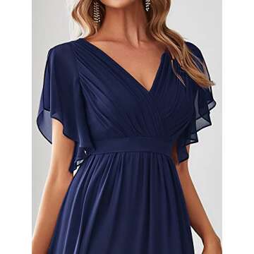 Ever-Pretty Women's Bridesmaid Dress V-Neck Ruffle Sleeves Ruched Bust Floor Length Chiffon Formal Dresses Navy Blue US4