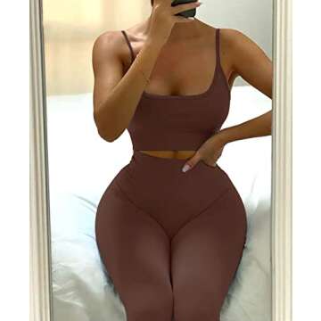 Jetjoy Workout Set for Women 2 Piece Athletic Outfits Seamless Crop Tank Yoga Leggings Gym Activewear Tracksuits Sets