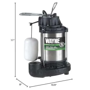 Wayne 58321-WYN3 CDU980E 3/4 HP Submersible Cast Iron and Stainless Steel Sump Pump with Integrated Vertical Float Switch, Large, Silver