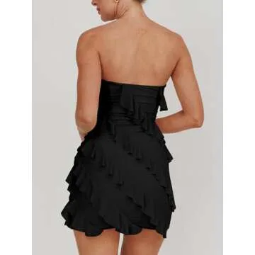 HOCILLE Women's Sexy Strapless Tube Top Bodycon Sleeveless Ruffle Mini Party Dress, Large, Black